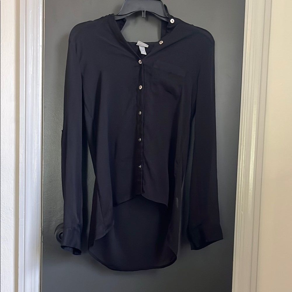 Vanity Black Asymmetrical Button Down Shirt with Mandarin Collar